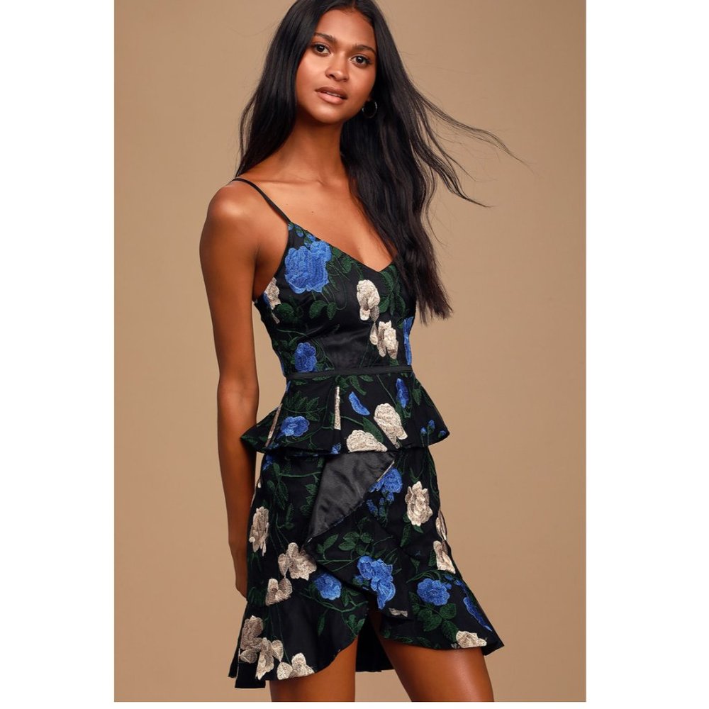 Lulus It Was Always You Black Floral Print Embroidered Skater Dress